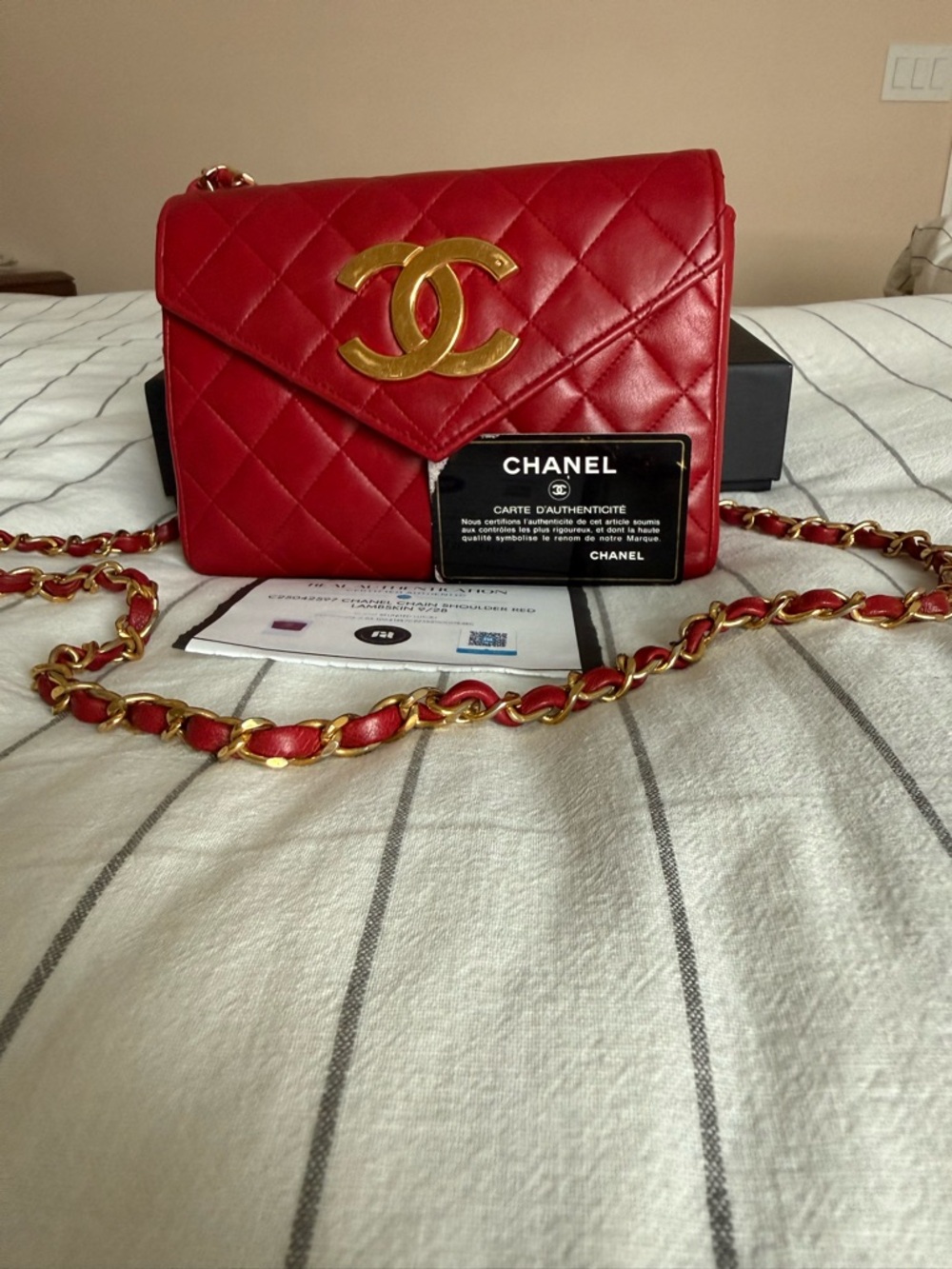 CHANEL Red Quilted Leather Crossbody Bag with Gold CC 7.5”x5.5”x2.5”full set
